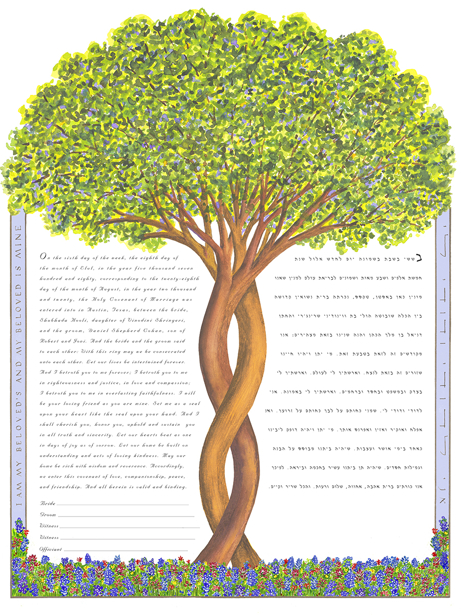 Intertwining Tree ketubah with blue bonnets